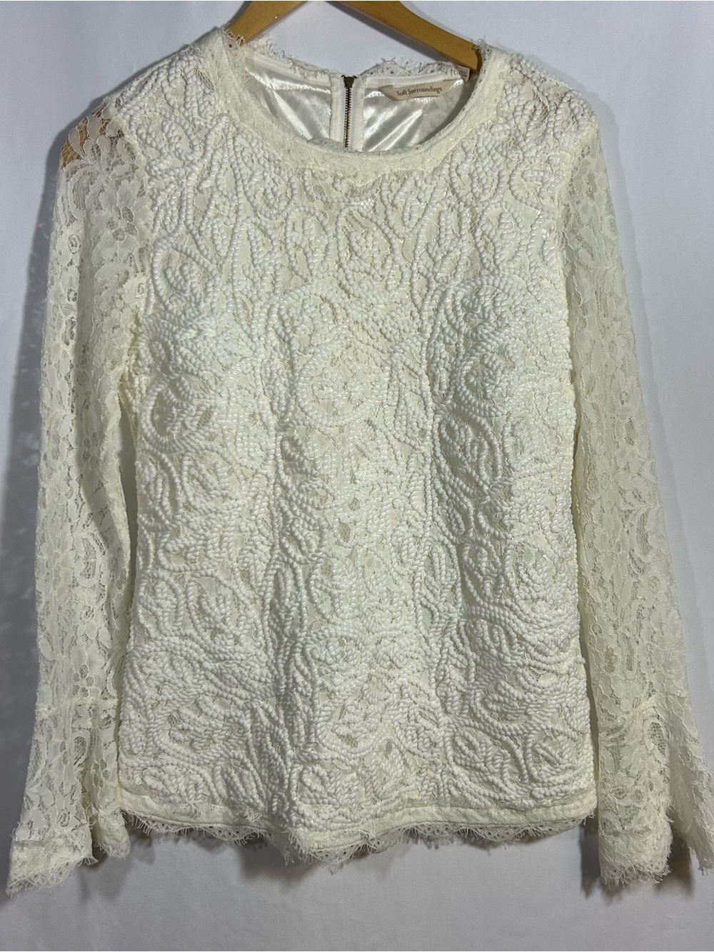 Soft Surroundings Medium Blouse Ivory Lace Long Sleeve Romantic Bell Sleeves